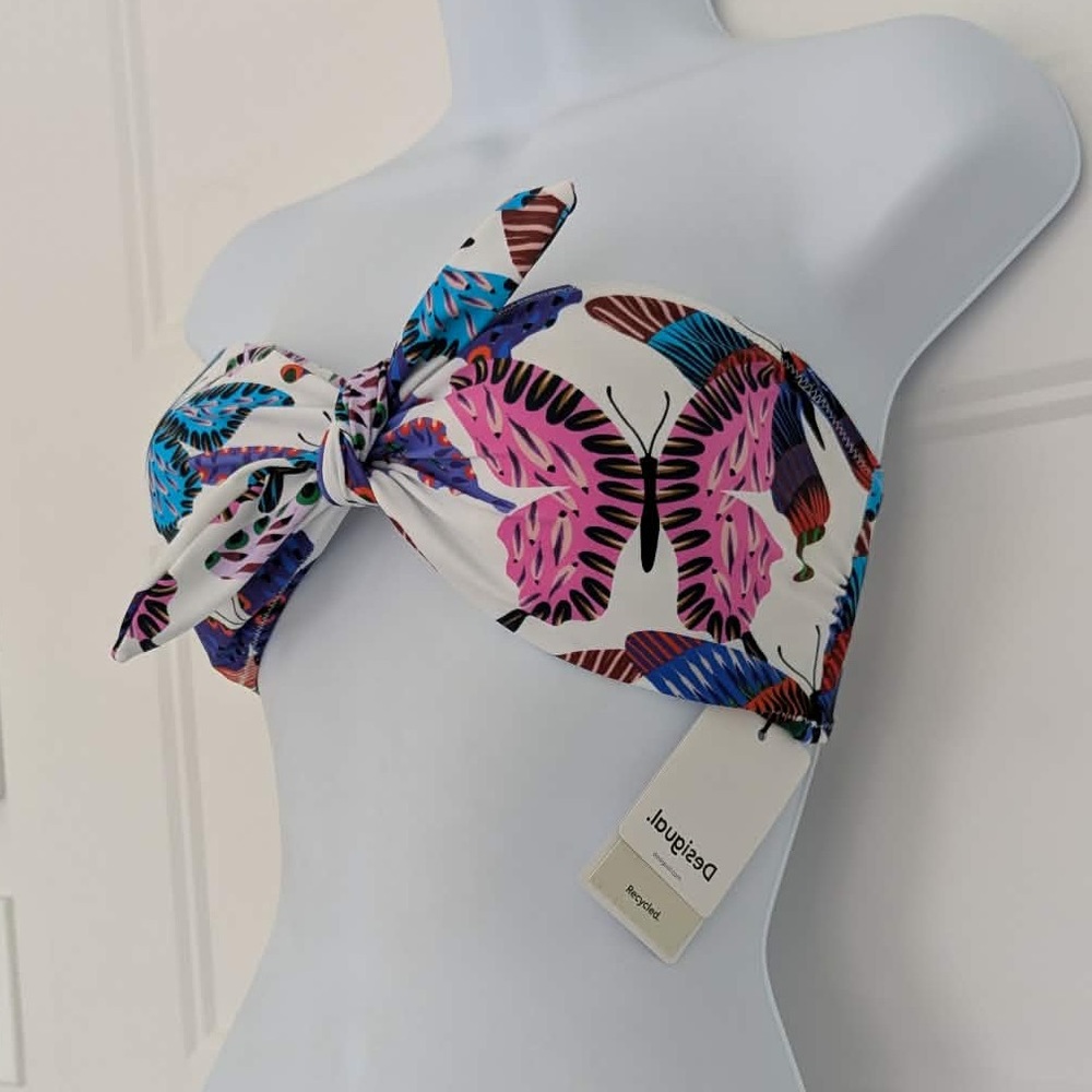 Desigual Butterfly Print Bandeau Bikini Top White Multi Recycled NWT Size L